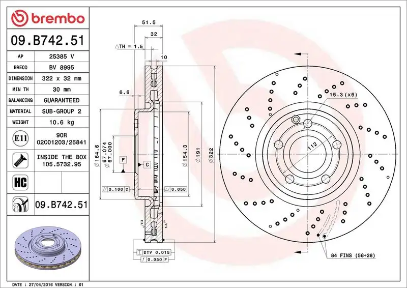 BREMBO 09.B742.51 Ön Fren Diski A2184210312