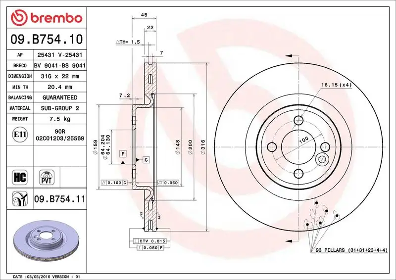 BREMBO 09.B754.11 Ön Fren Diski 34116784366