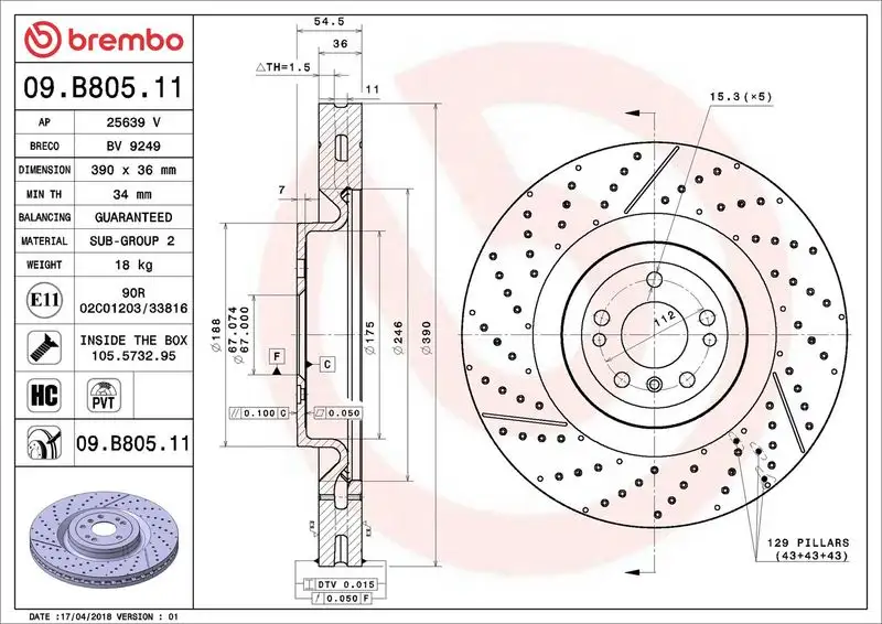 BREMBO 09.B805.11 Ön Fren Diski A1664210512