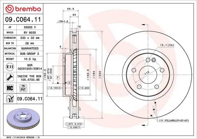 BREMBO 09.C064.11 Ön Fren Diski A4474210412