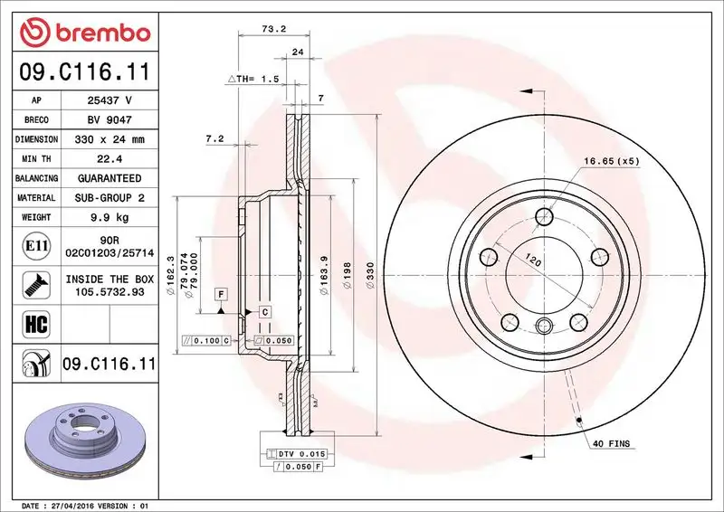 BREMBO 09.C116.11 Ön Fren Diski 34116792221