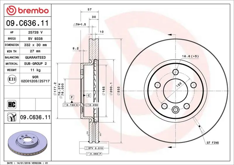 BREMBO 09.C636.11 Ön Fren Diski 2H6615301