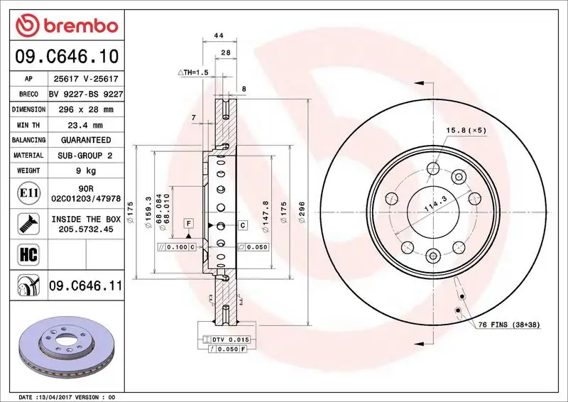 BREMBO 09.C646.11 Ön Fren Diski