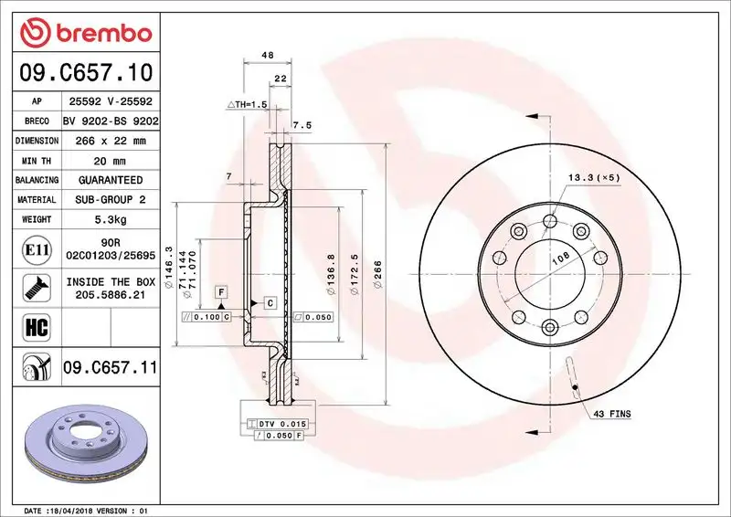 BREMBO 09.C657.11 Ön Fren Diski 1642761280
