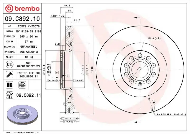 BREMBO 09.C892.11 Ön Fren Diski 1K0615301AR