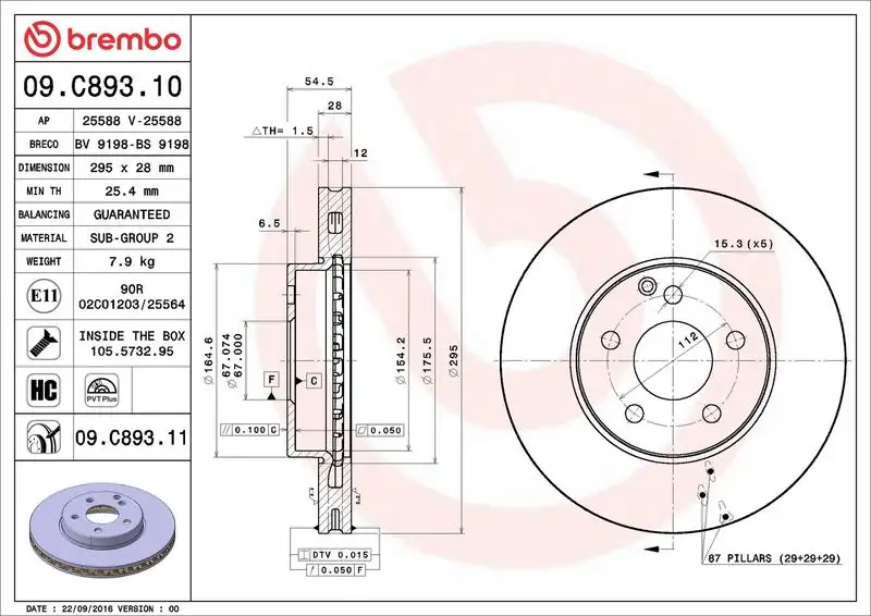 BREMBO 09.C893.11 Ön Fren Diski