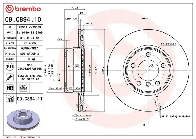 BREMBO 09.C894.11 Ön Fren Diski
