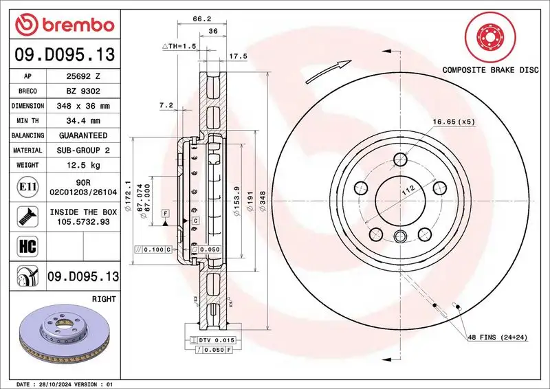 BREMBO 09.D095.13 Ön Fren Diski (Sağ)