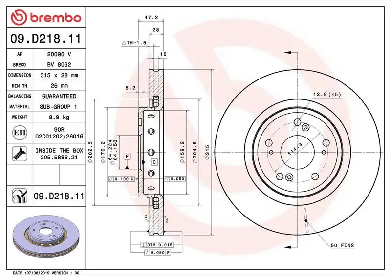 BREMBO 09.D218.11 Ön Fren Diski 45251T1GG00
