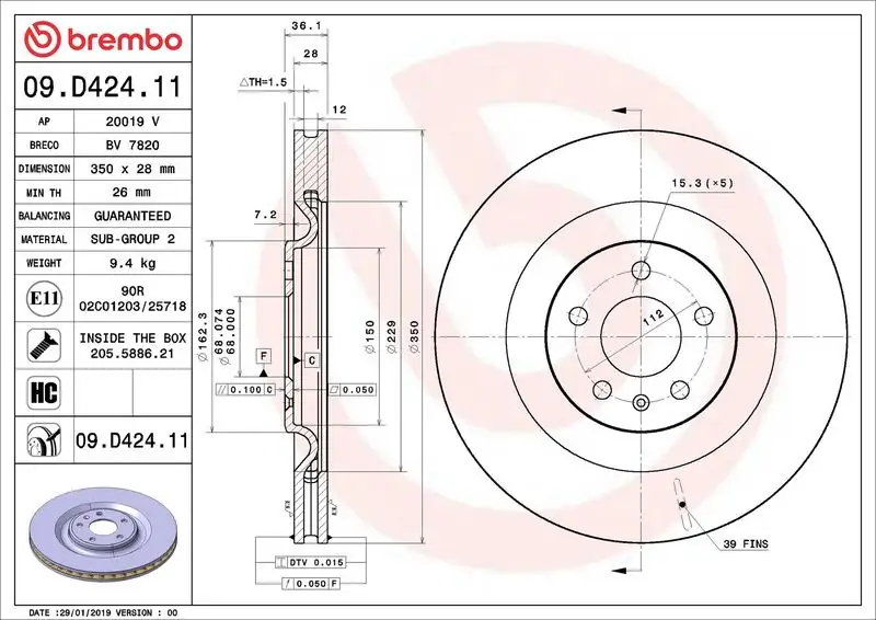 BREMBO 09.D424.11 Arka Fren Diski 4M0615601J