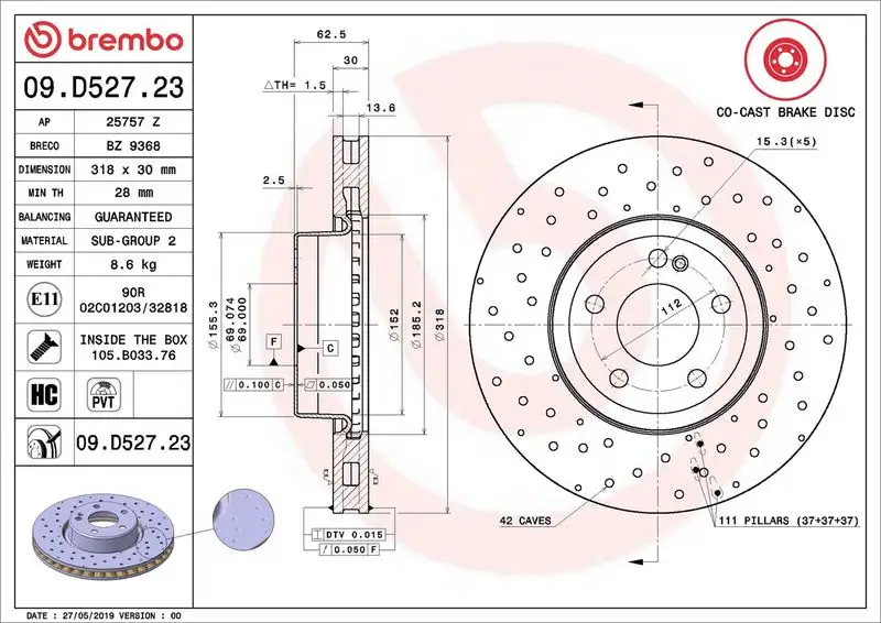 BREMBO 09.D527.23 Ön Fren Diski A0004212112