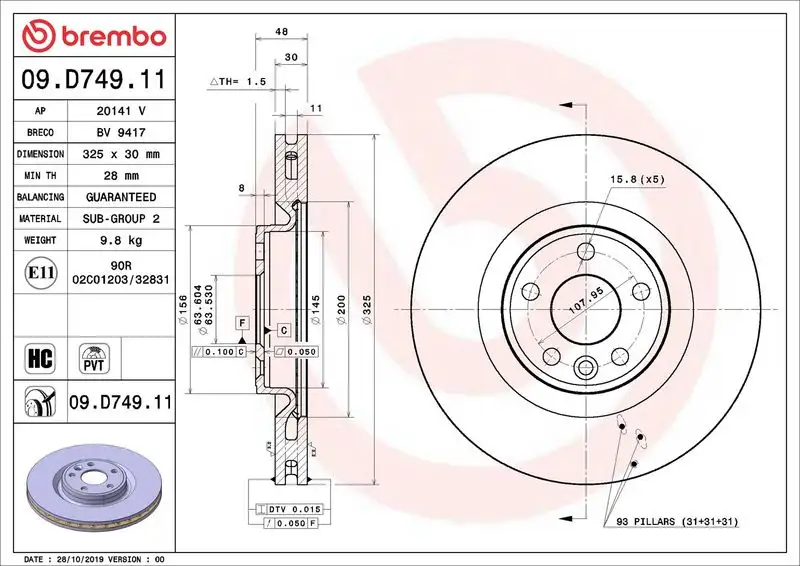 BREMBO 09.D749.11 Ön Fren Diski LR125902