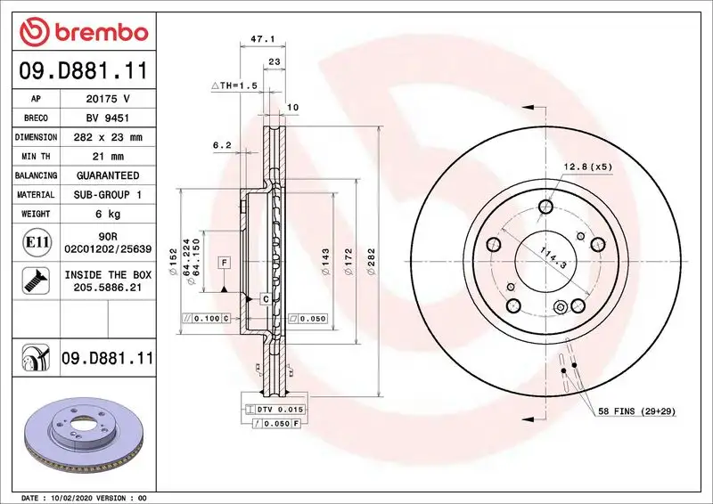 BREMBO 09.D881.11 Ön Fren Diski 45251TBAA01