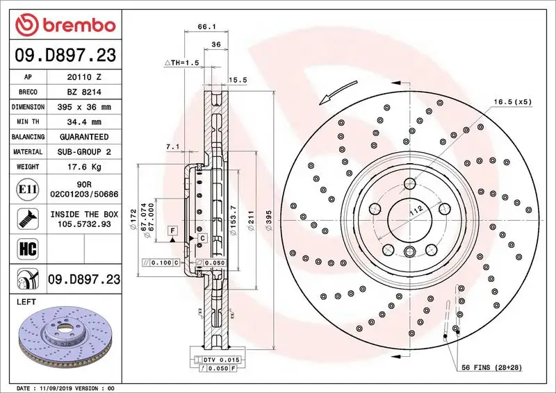 BREMBO 09.D897.23 Ön Fren Diski (Sol) 34116878045