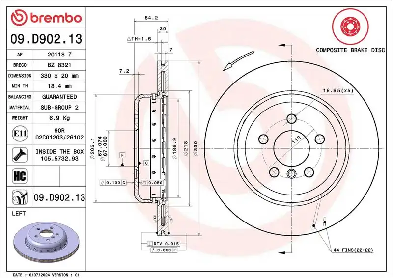 BREMBO 09.D902.13 Arka Fren Diski (Sol)