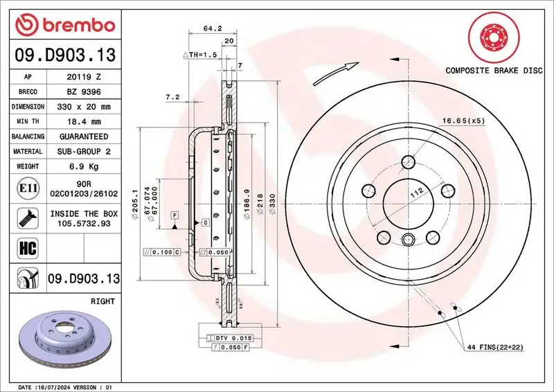 BREMBO 09.D903.13 Arka Fren Diski (Sağ)