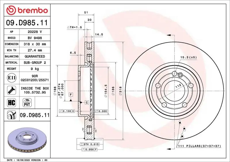 BREMBO 09.D985.11 Ön Fren Diski A2474210712
