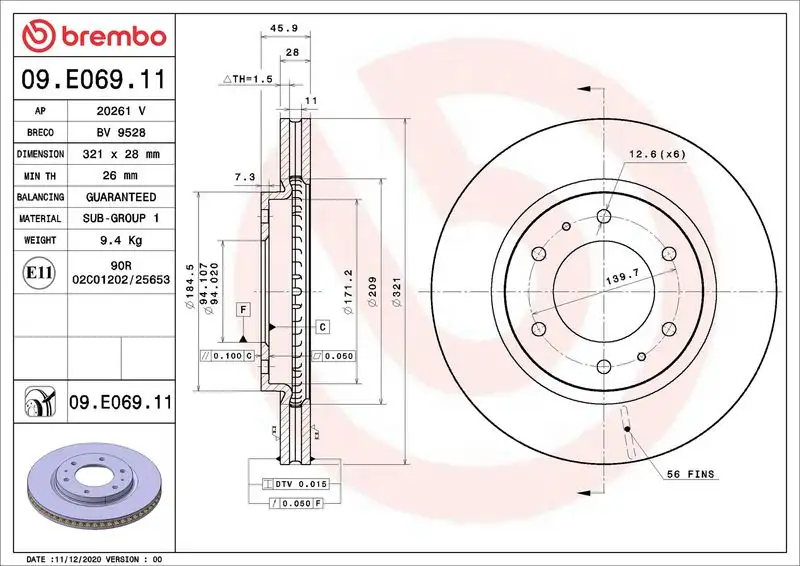 BREMBO 09.E069.11 Ön Fren Diski 4615A223
