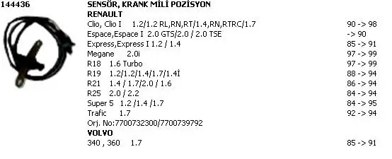 ÜNÜVAR 144436 Krank Sensörü 7700720341