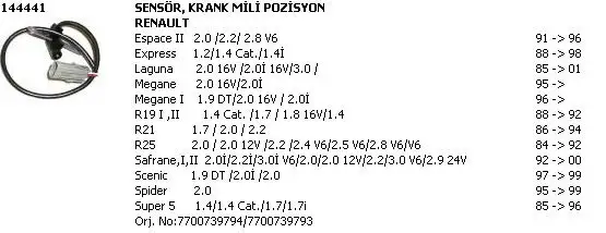 ÜNÜVAR 144441 Krank Sensörü 7700728637