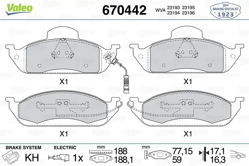 VALEO 670442 Ön Fren Balatası A1634200320