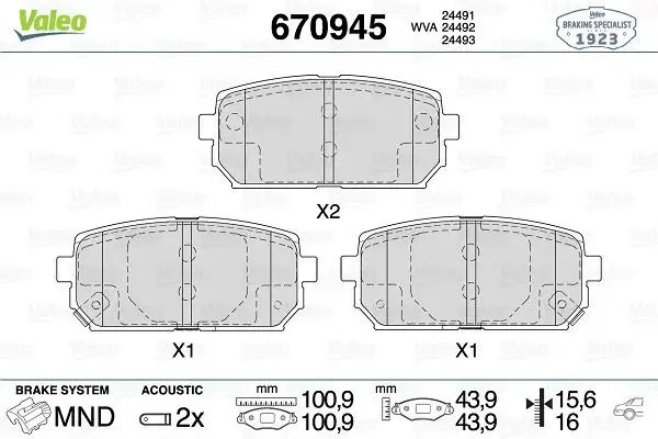 VALEO 670945 Arka Fren Balatası 583021DE00