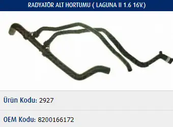 MASTER M2927 Radyatör Alt Hortumu 8200166172